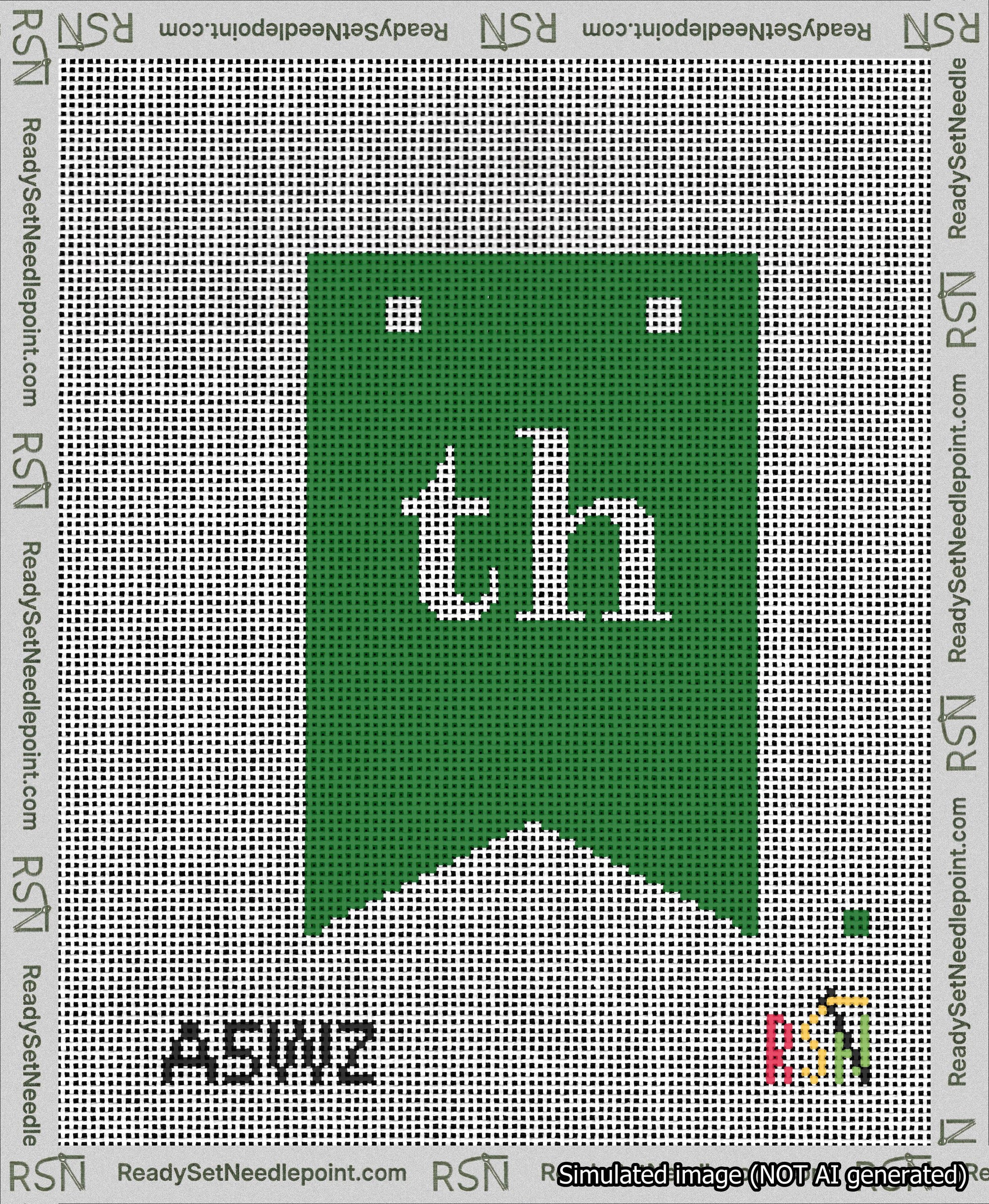 A taped needlepoint canvas with the design: Banner 13 mesh count Forked th White on Green.
