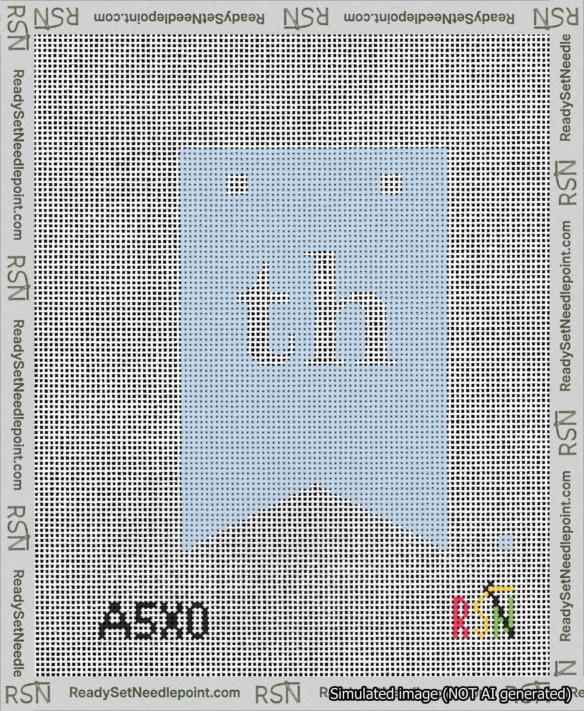 A taped needlepoint canvas with the design: Banner 13 mesh count Forked th White on Light Blue.