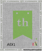 A taped needlepoint canvas with the design: Banner 13 mesh count Forked th White on Light Green.