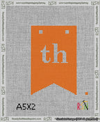 A taped needlepoint canvas with the design: Banner 13 mesh count Forked th White on Orange.