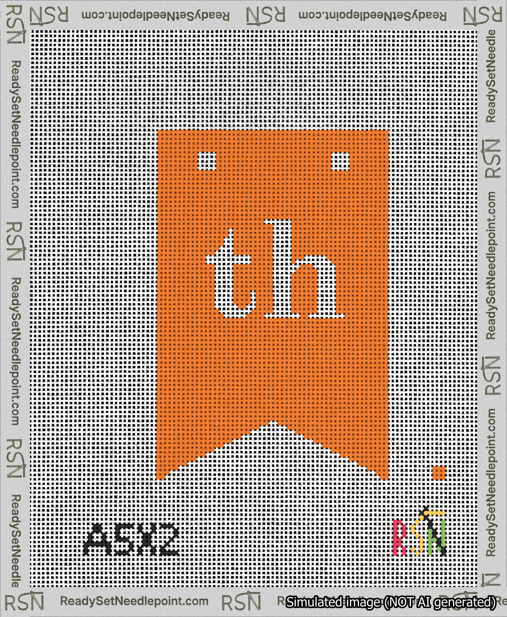 A taped needlepoint canvas with the design: Banner 13 mesh count Forked th White on Orange.