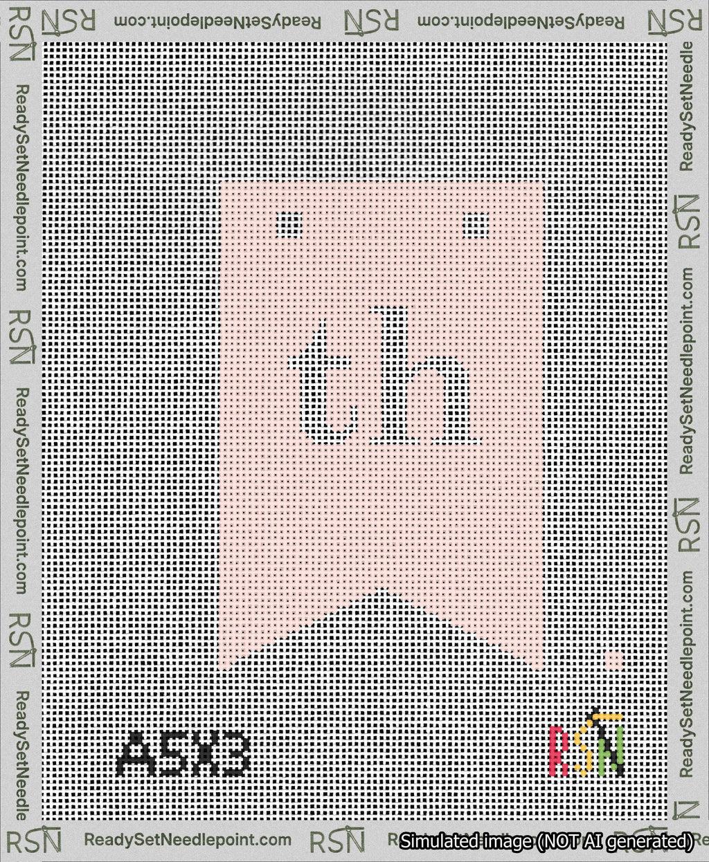 A taped needlepoint canvas with the design: Banner 13 mesh count Forked th White on Pink.