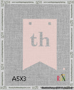 A taped needlepoint canvas with the design: Banner 13 mesh count Forked th White on Pink.
