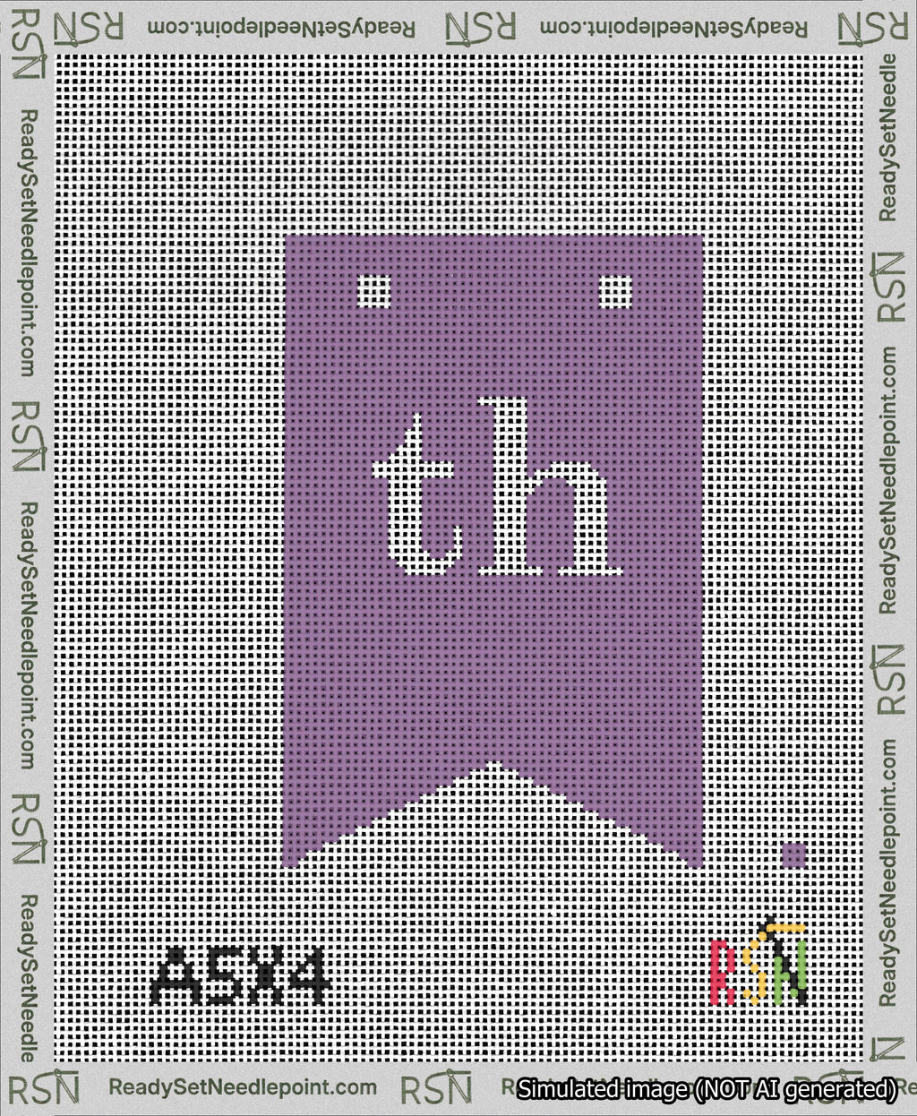 A taped needlepoint canvas with the design: Banner 13 mesh count Forked th White on Purple.