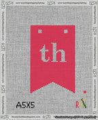 A taped needlepoint canvas with the design: Banner 13 mesh count Forked th White on Red.