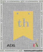 A taped needlepoint canvas with the design: Banner 13 mesh count Forked th White on Yellow.
