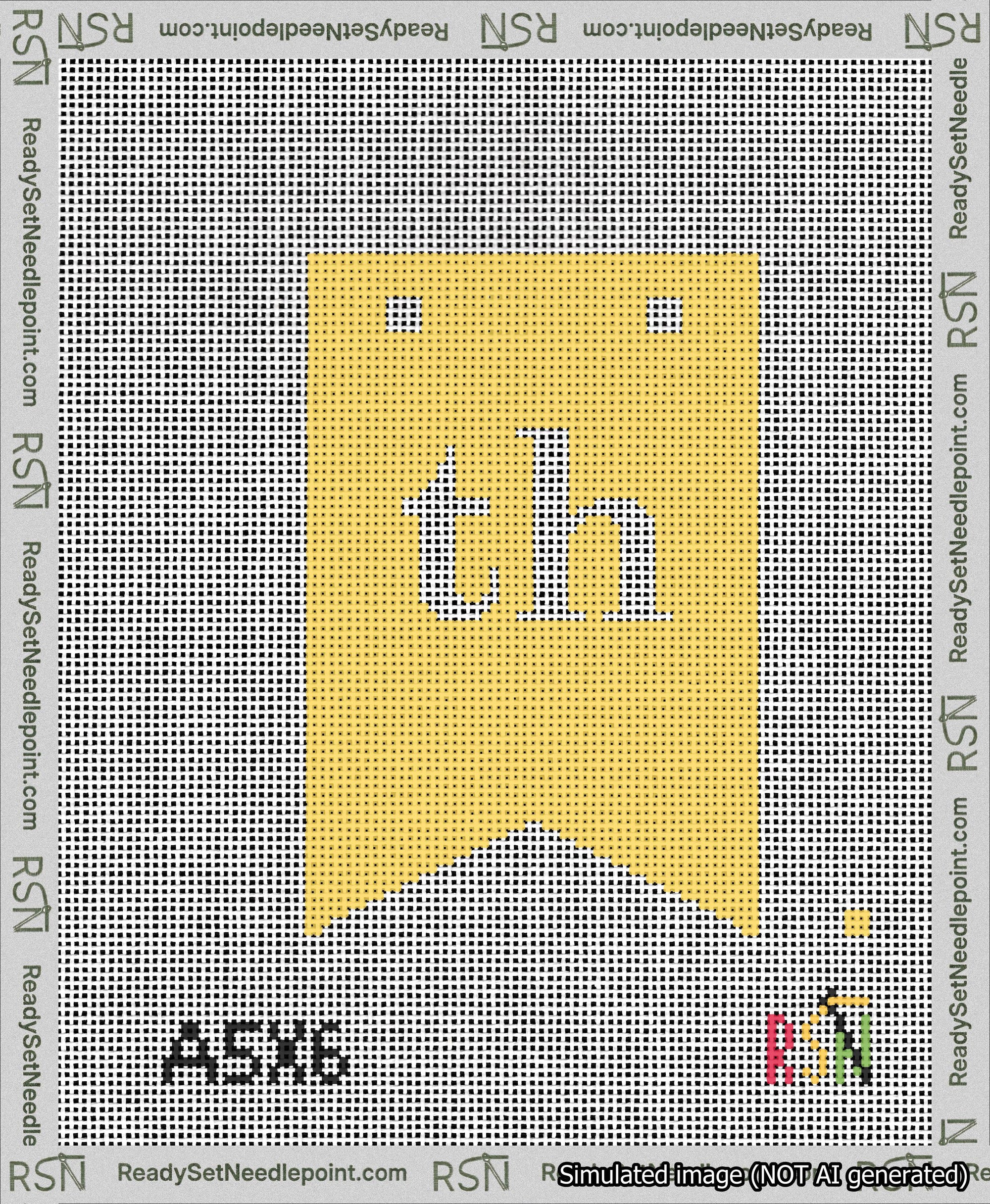 A taped needlepoint canvas with the design: Banner 13 mesh count Forked th White on Yellow.