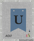 A taped needlepoint canvas with the design: Banner 13 mesh count Forked U Black on Blue.