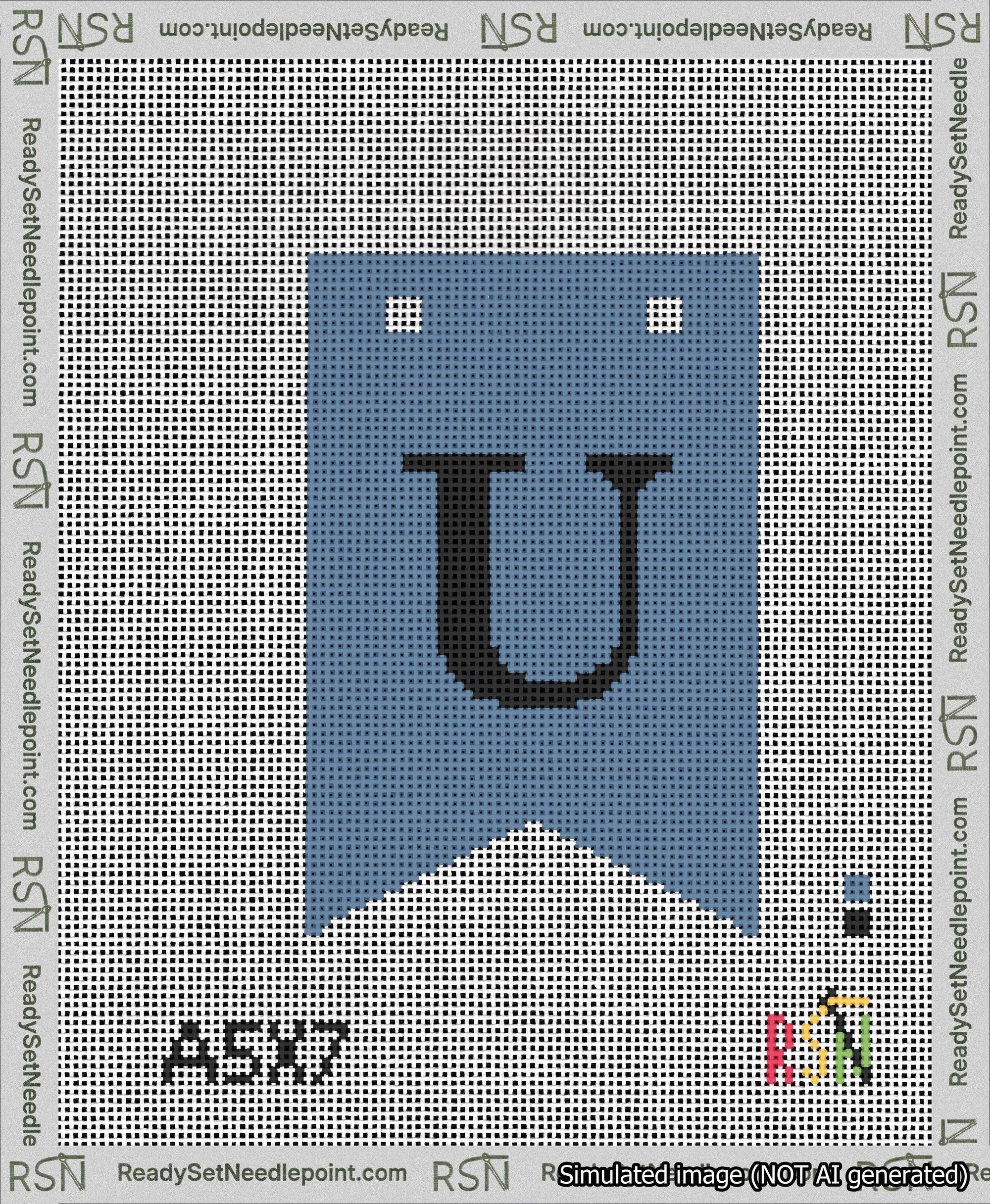 A taped needlepoint canvas with the design: Banner 13 mesh count Forked U Black on Blue.
