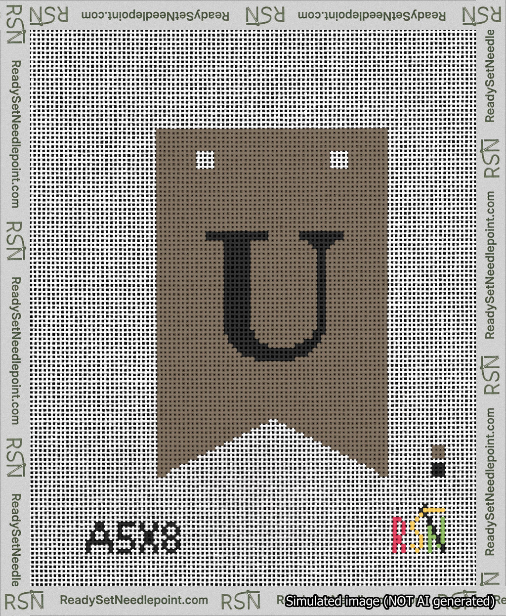 A taped needlepoint canvas with the design: Banner 13 mesh count Forked U Black on Brown.