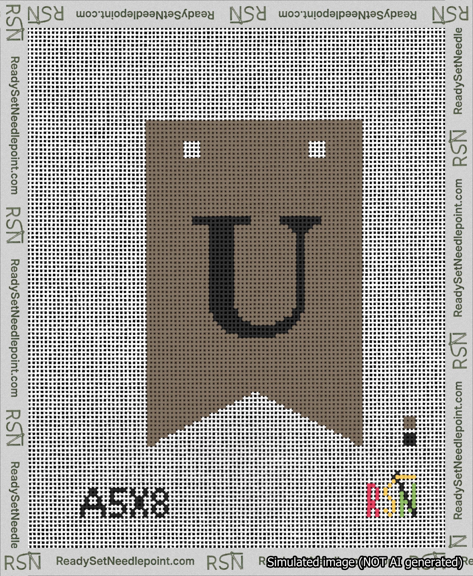 A taped needlepoint canvas with the design: Banner 13 mesh count Forked U Black on Brown.