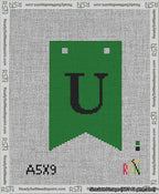 A taped needlepoint canvas with the design: Banner 13 mesh count Forked U Black on Green.