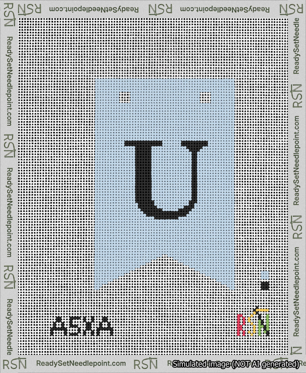 A taped needlepoint canvas with the design: Banner 13 mesh count Forked U Black on Light Blue.