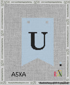 A taped needlepoint canvas with the design: Banner 13 mesh count Forked U Black on Light Blue.