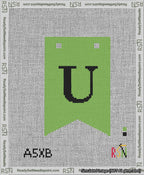 A taped needlepoint canvas with the design: Banner 13 mesh count Forked U Black on Light Green.