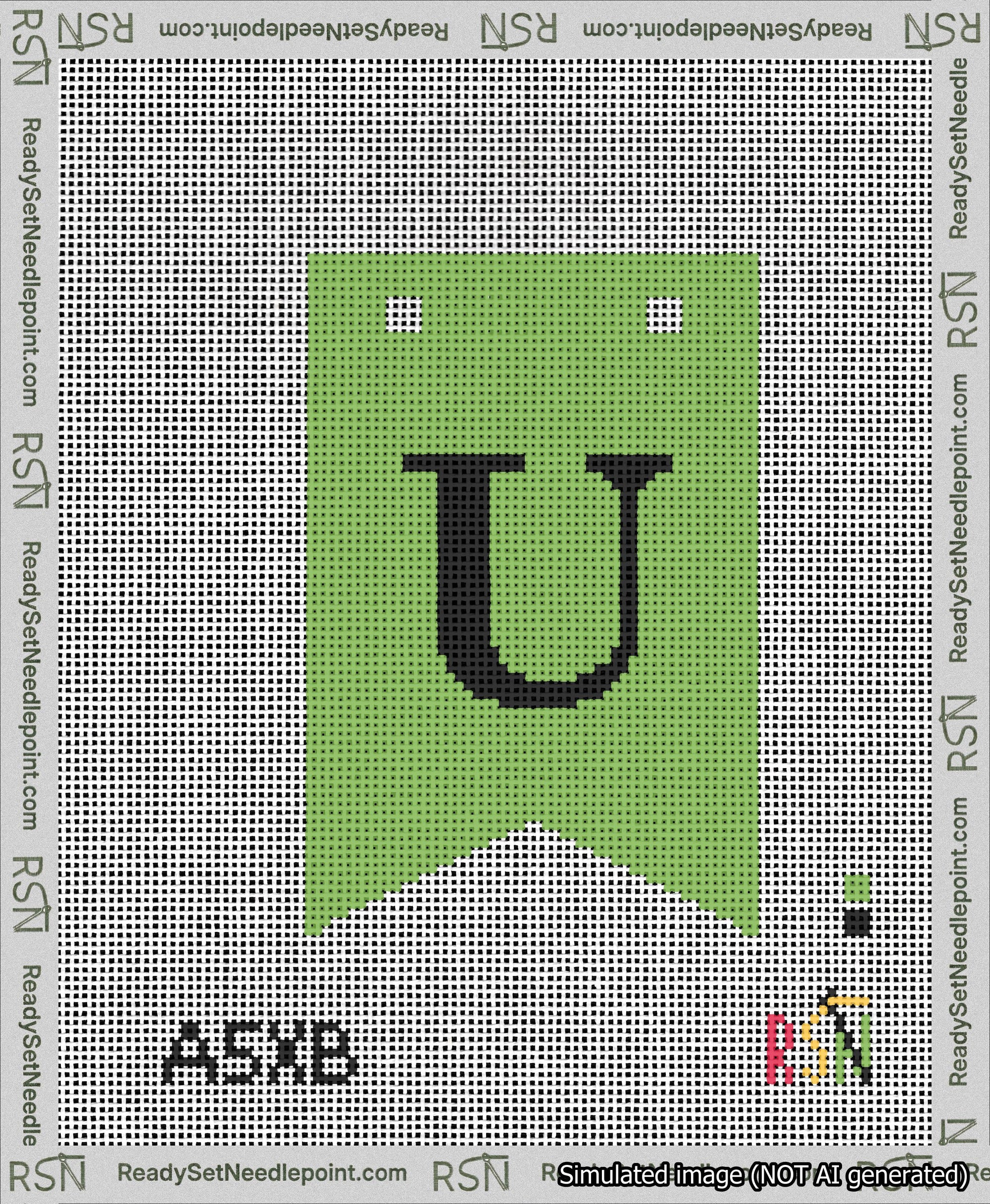 A taped needlepoint canvas with the design: Banner 13 mesh count Forked U Black on Light Green.
