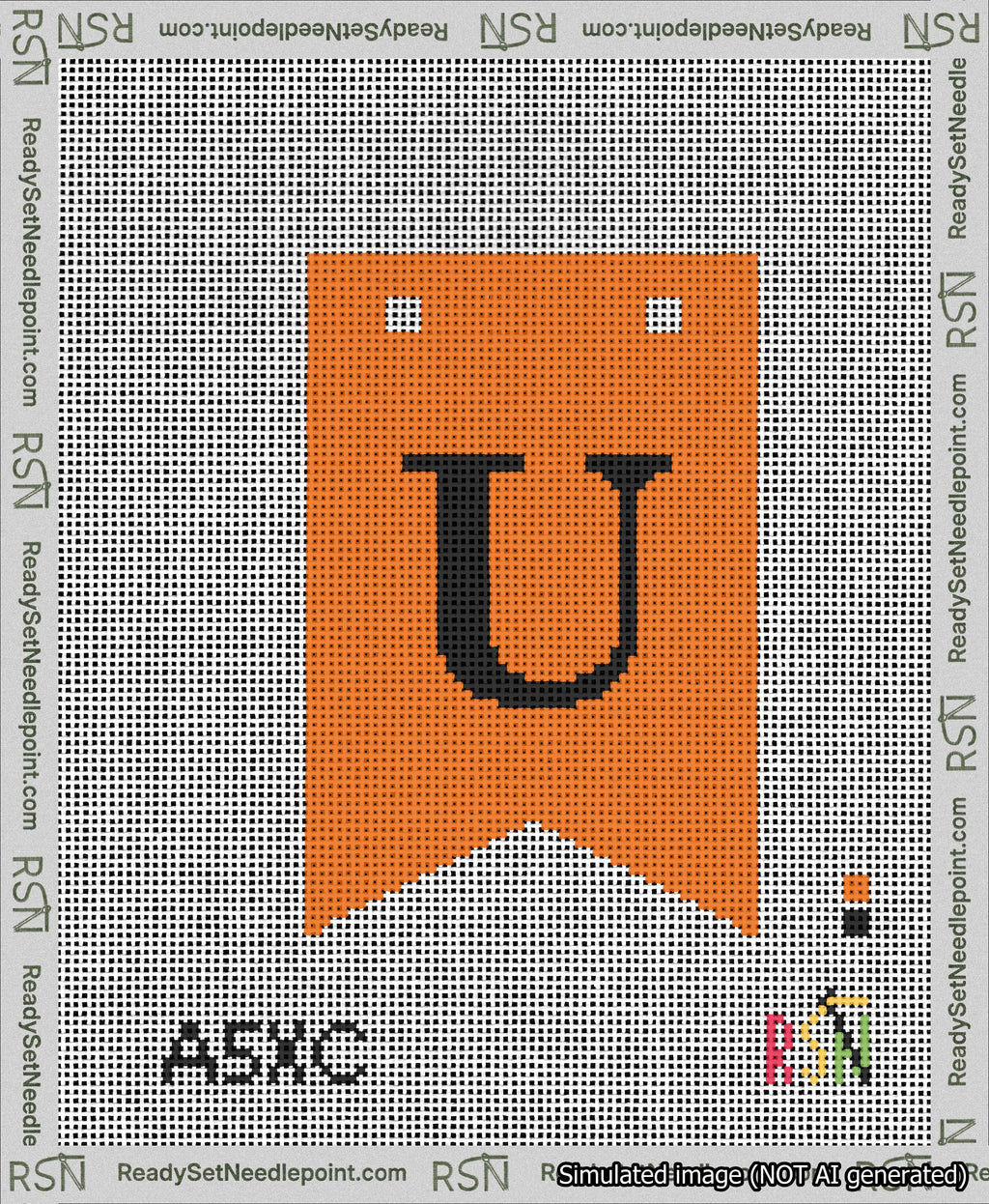 A taped needlepoint canvas with the design: Banner 13 mesh count Forked U Black on Orange.