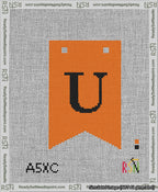 A taped needlepoint canvas with the design: Banner 13 mesh count Forked U Black on Orange.