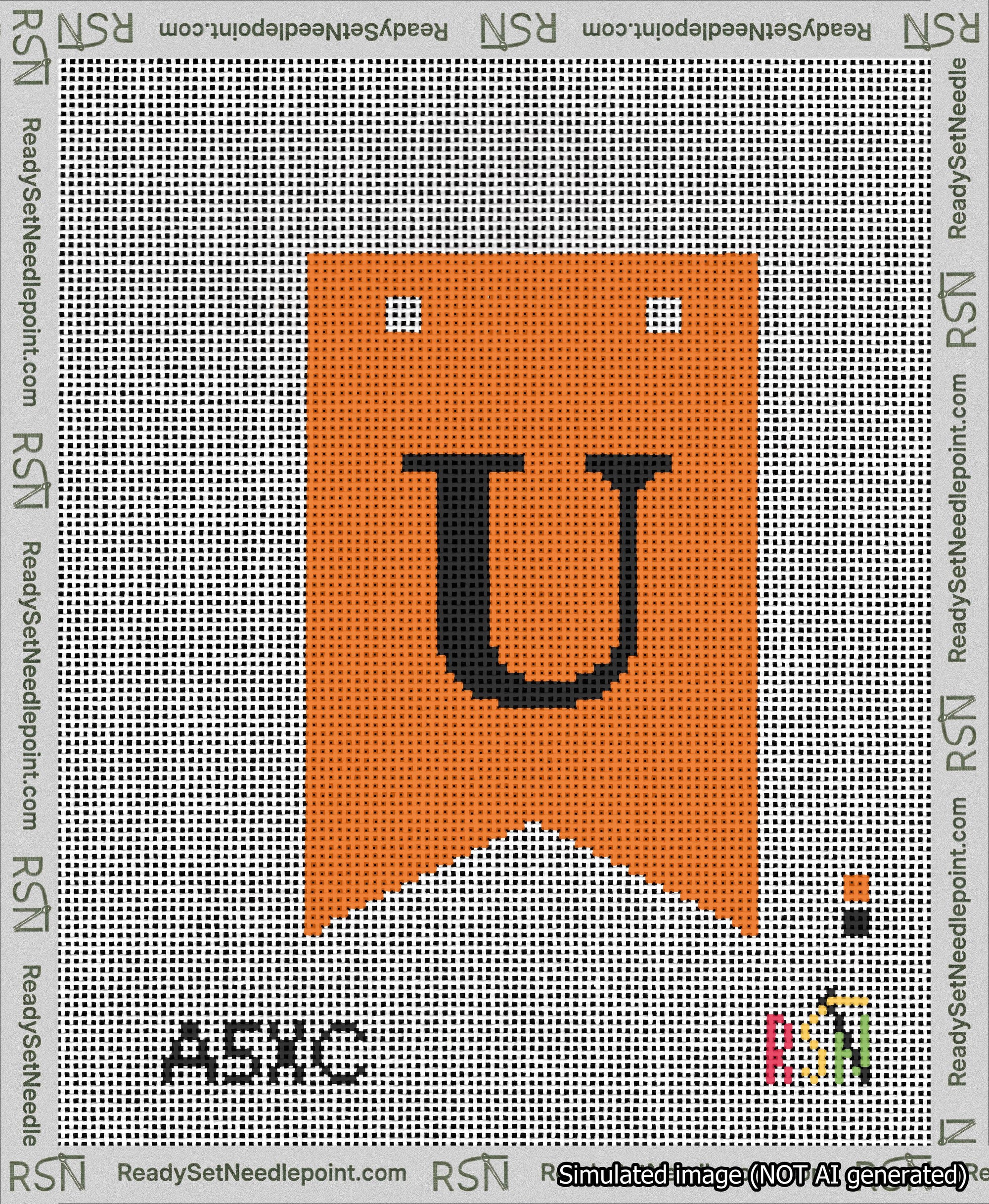 A taped needlepoint canvas with the design: Banner 13 mesh count Forked U Black on Orange.