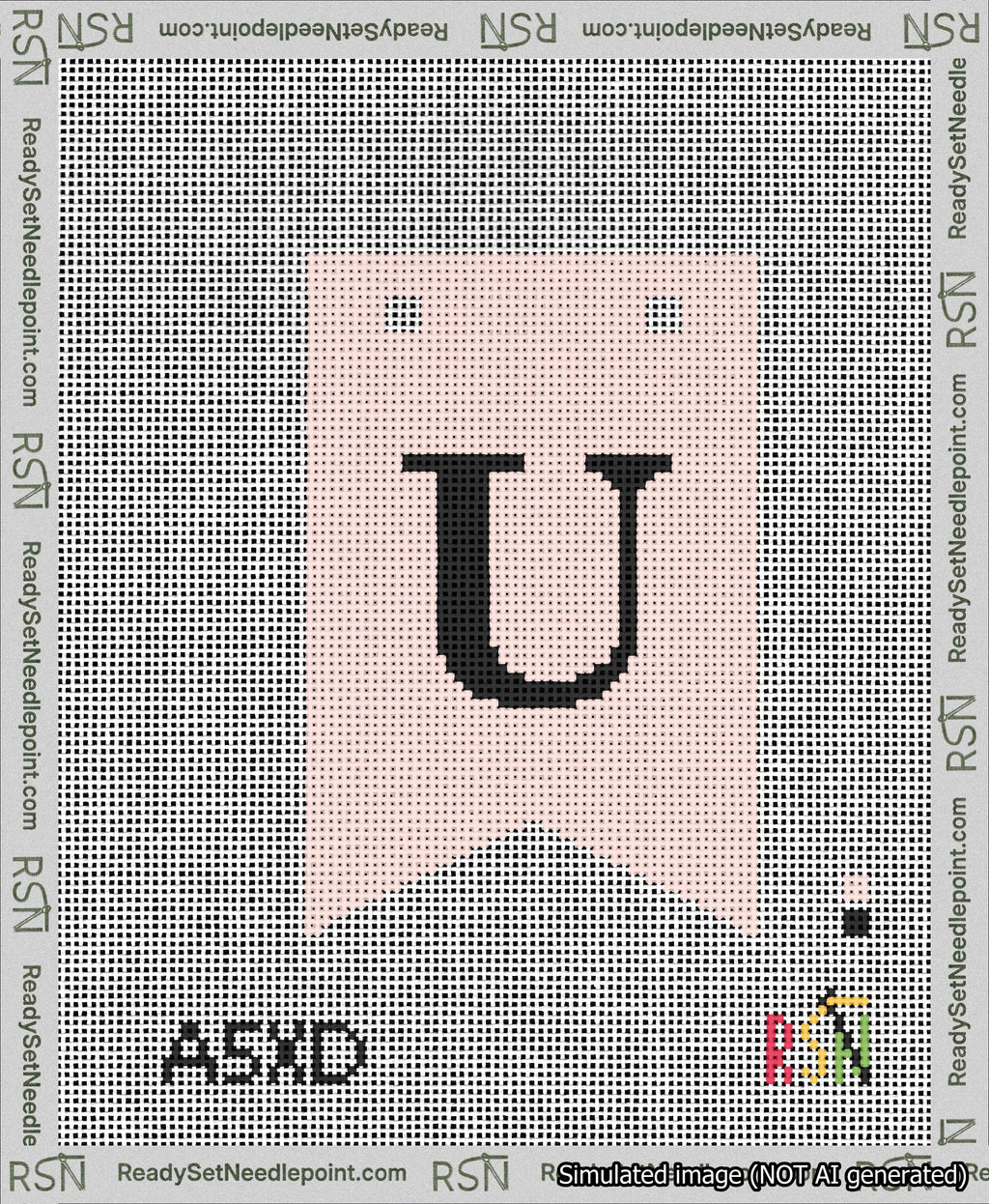 A taped needlepoint canvas with the design: Banner 13 mesh count Forked U Black on Pink.