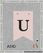 A taped needlepoint canvas with the design: Banner 13 mesh count Forked U Black on Pink.