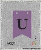 A taped needlepoint canvas with the design: Banner 13 mesh count Forked U Black on Purple.