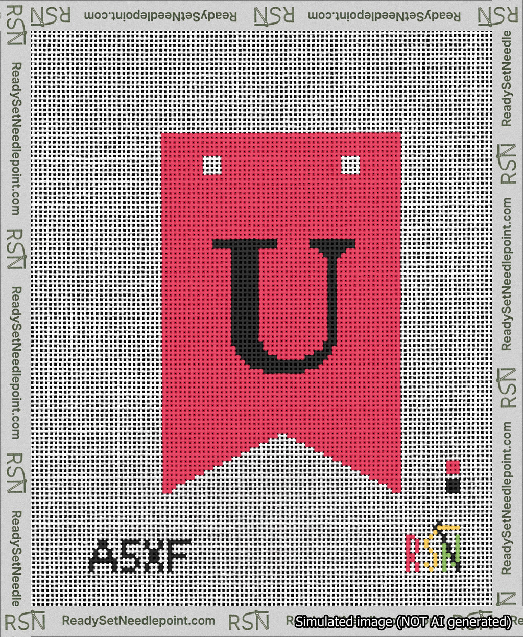 A taped needlepoint canvas with the design: Banner 13 mesh count Forked U Black on Red.