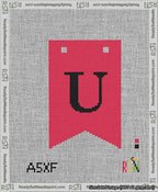 A taped needlepoint canvas with the design: Banner 13 mesh count Forked U Black on Red.