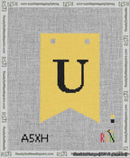 A taped needlepoint canvas with the design: Banner 13 mesh count Forked U Black on Yellow.