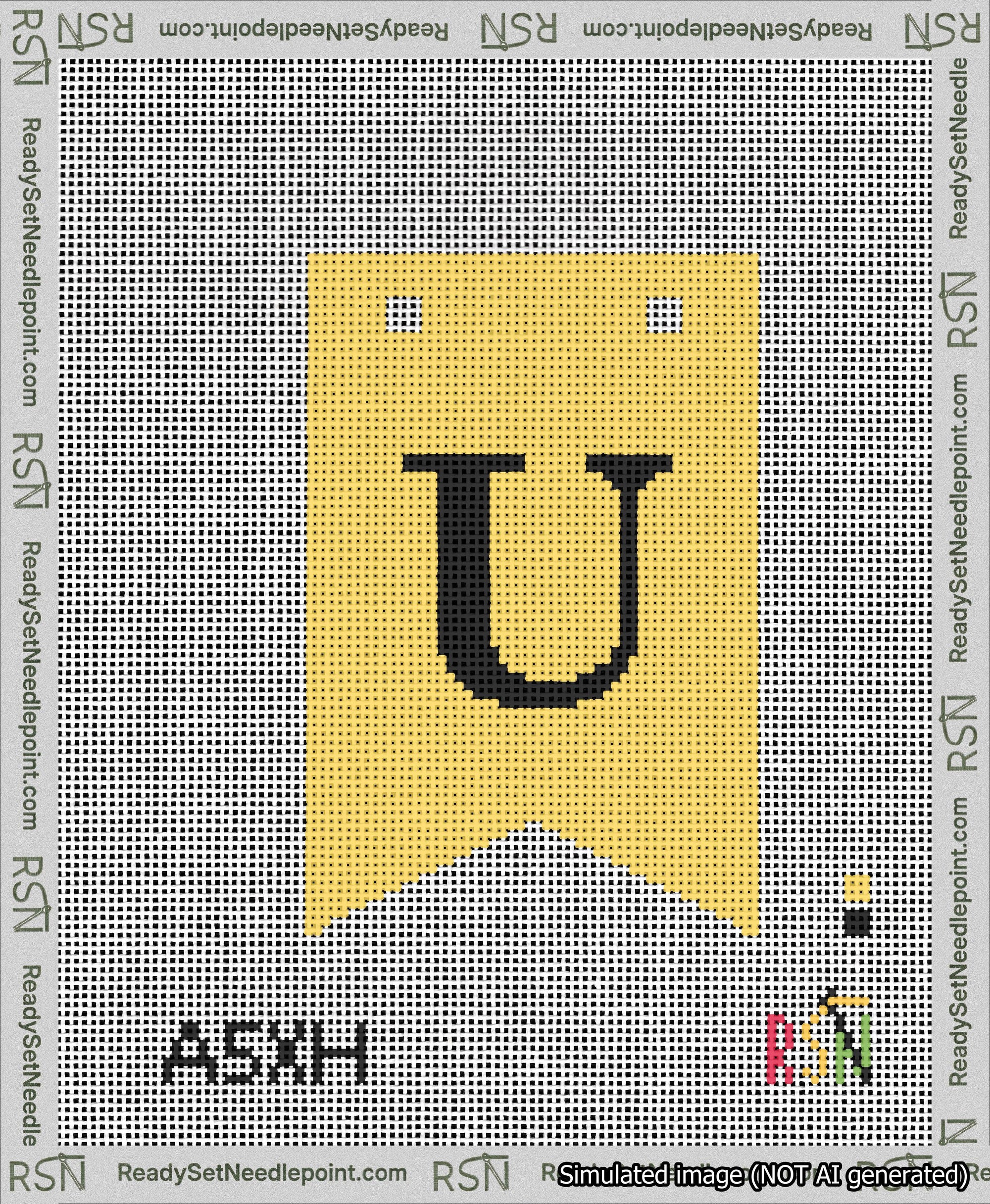 A taped needlepoint canvas with the design: Banner 13 mesh count Forked U Black on Yellow.