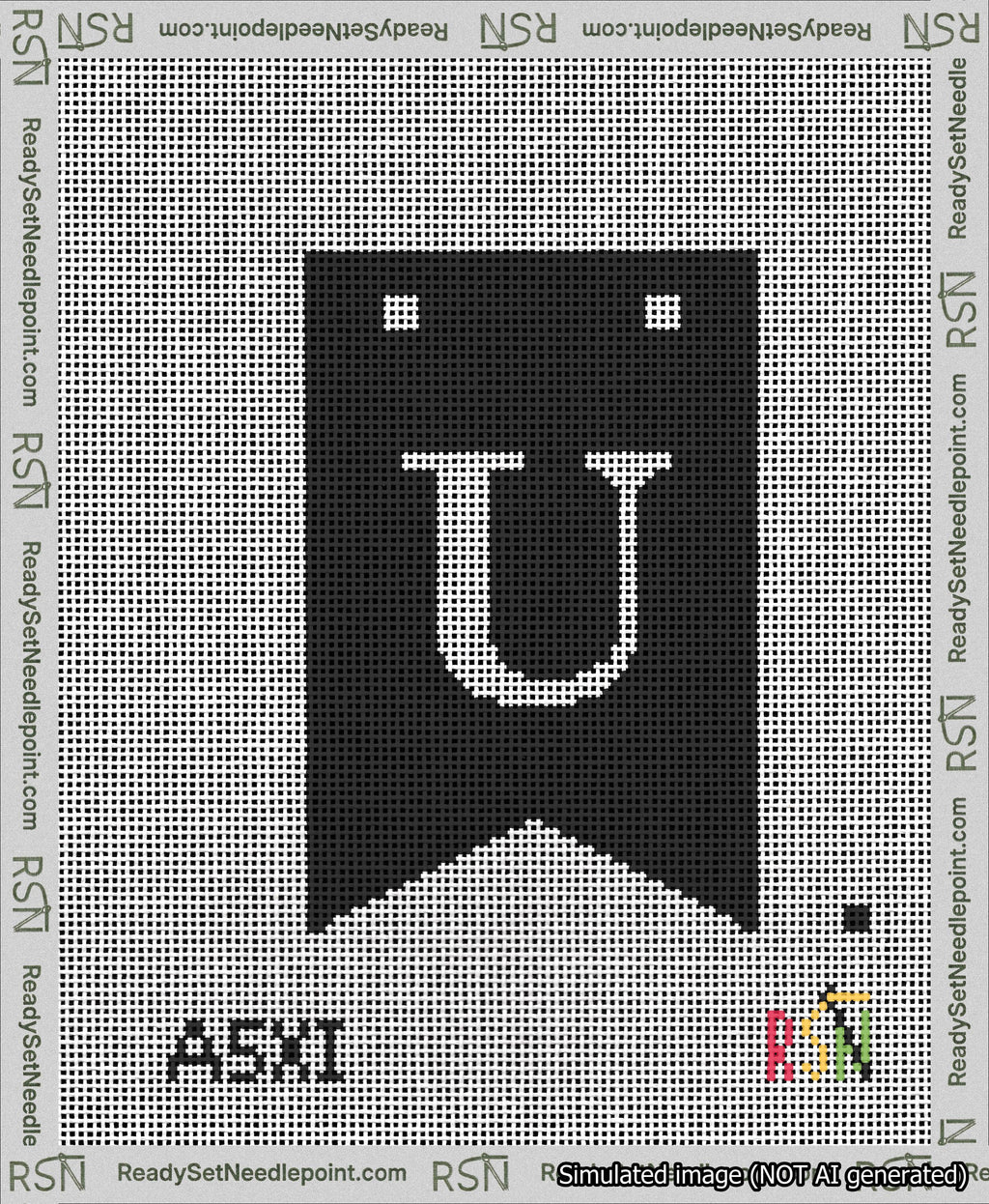 A taped needlepoint canvas with the design: Banner 13 mesh count Forked U White on Black.