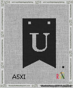 A taped needlepoint canvas with the design: Banner 13 mesh count Forked U White on Black.