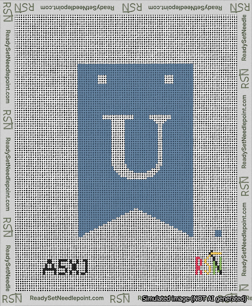 A taped needlepoint canvas with the design: Banner 13 mesh count Forked U White on Blue.