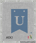 A taped needlepoint canvas with the design: Banner 13 mesh count Forked U White on Blue.