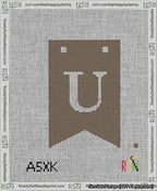 A taped needlepoint canvas with the design: Banner 13 mesh count Forked U White on Brown.