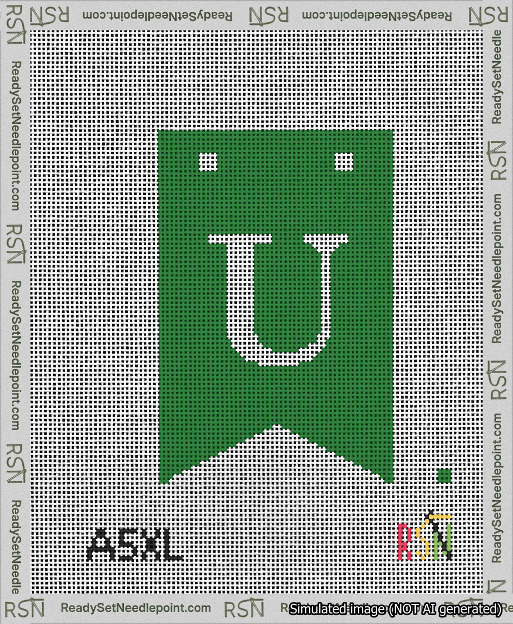 A taped needlepoint canvas with the design: Banner 13 mesh count Forked U White on Green.