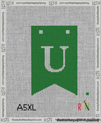 A taped needlepoint canvas with the design: Banner 13 mesh count Forked U White on Green.
