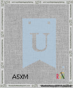 A taped needlepoint canvas with the design: Banner 13 mesh count Forked U White on Light Blue.