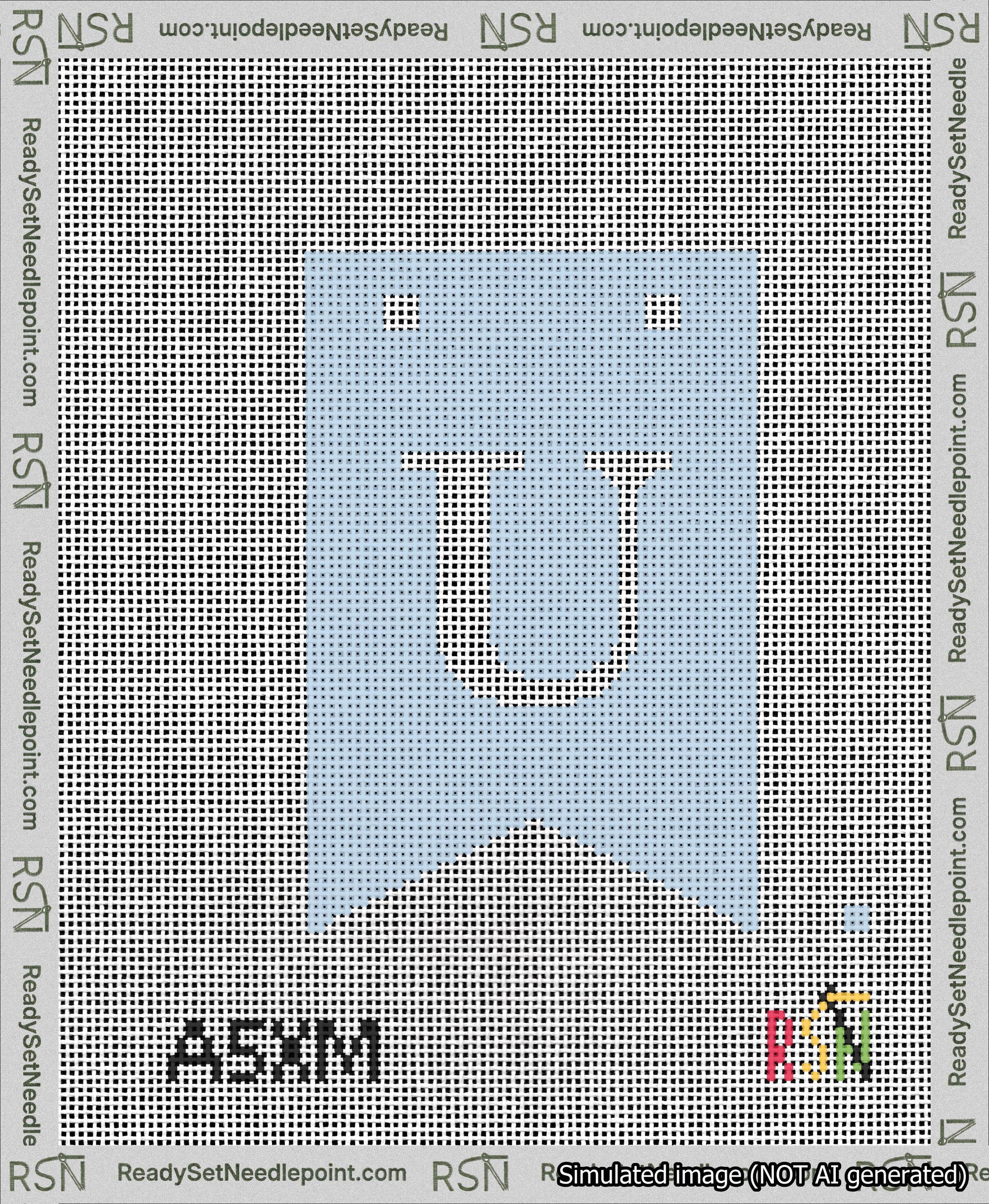A taped needlepoint canvas with the design: Banner 13 mesh count Forked U White on Light Blue.