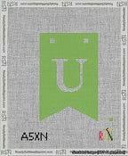 A taped needlepoint canvas with the design: Banner 13 mesh count Forked U White on Light Green.