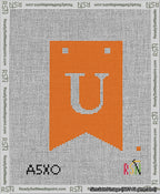 A taped needlepoint canvas with the design: Banner 13 mesh count Forked U White on Orange.