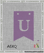 A taped needlepoint canvas with the design: Banner 13 mesh count Forked U White on Purple.