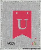 A taped needlepoint canvas with the design: Banner 13 mesh count Forked U White on Red.