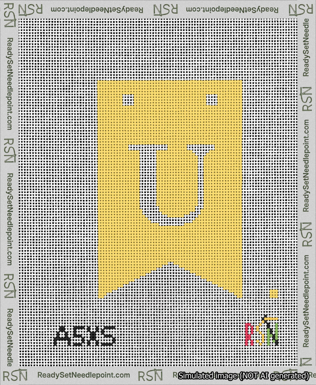 A taped needlepoint canvas with the design: Banner 13 mesh count Forked U White on Yellow.