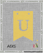 A taped needlepoint canvas with the design: Banner 13 mesh count Forked U White on Yellow.