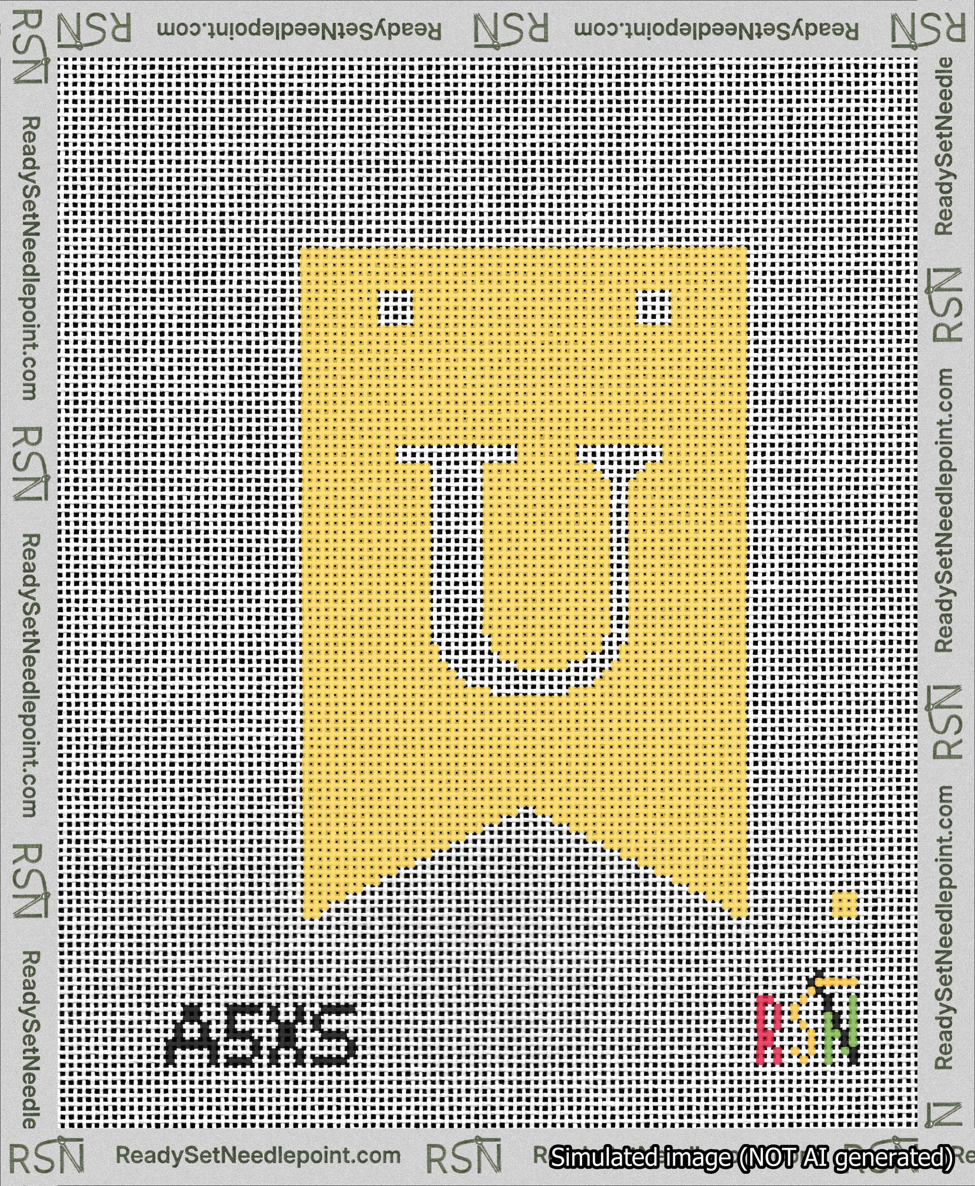 A taped needlepoint canvas with the design: Banner 13 mesh count Forked U White on Yellow.