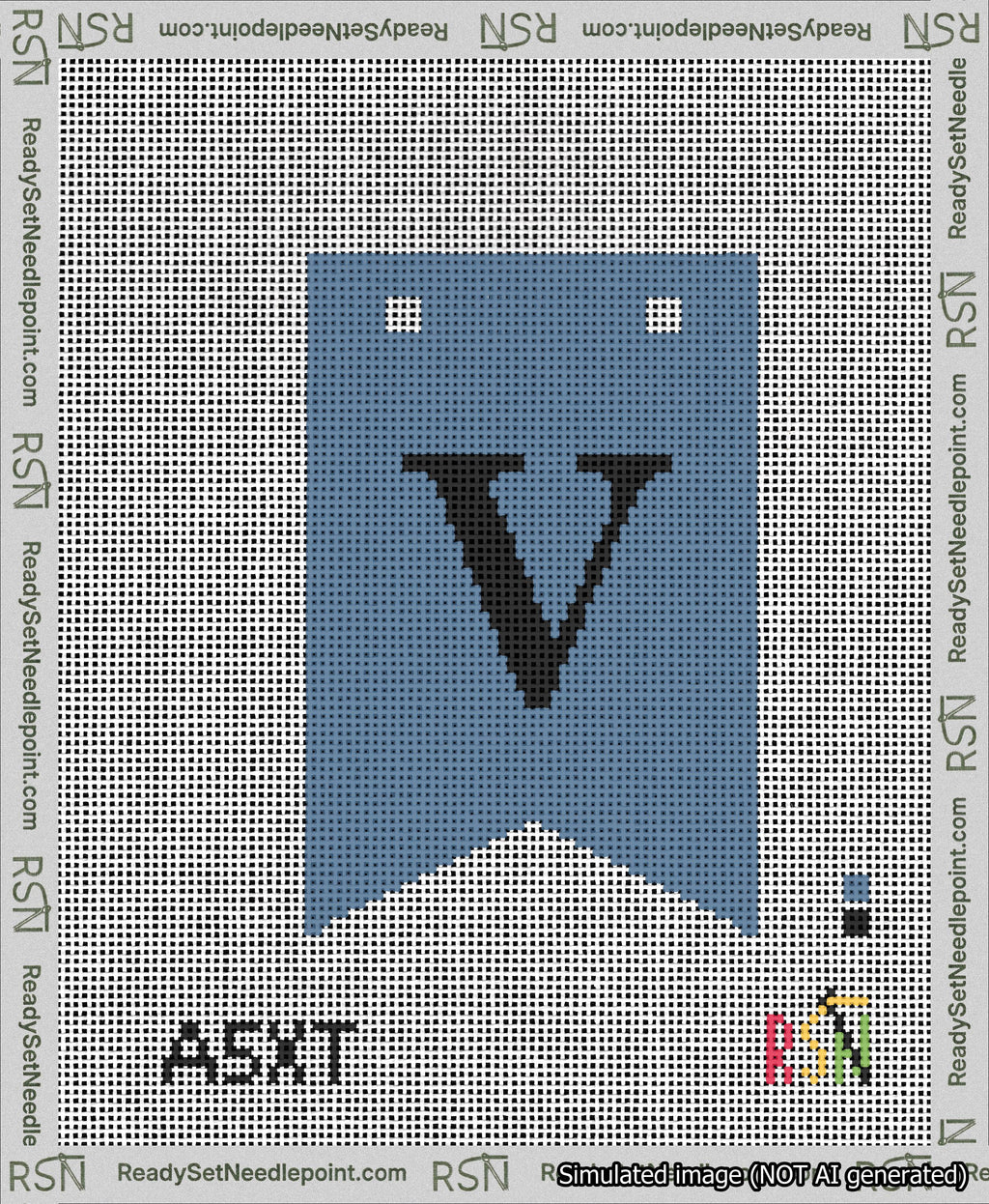 A taped needlepoint canvas with the design: Banner 13 mesh count Forked V Black on Blue.