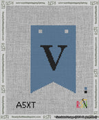 A taped needlepoint canvas with the design: Banner 13 mesh count Forked V Black on Blue.