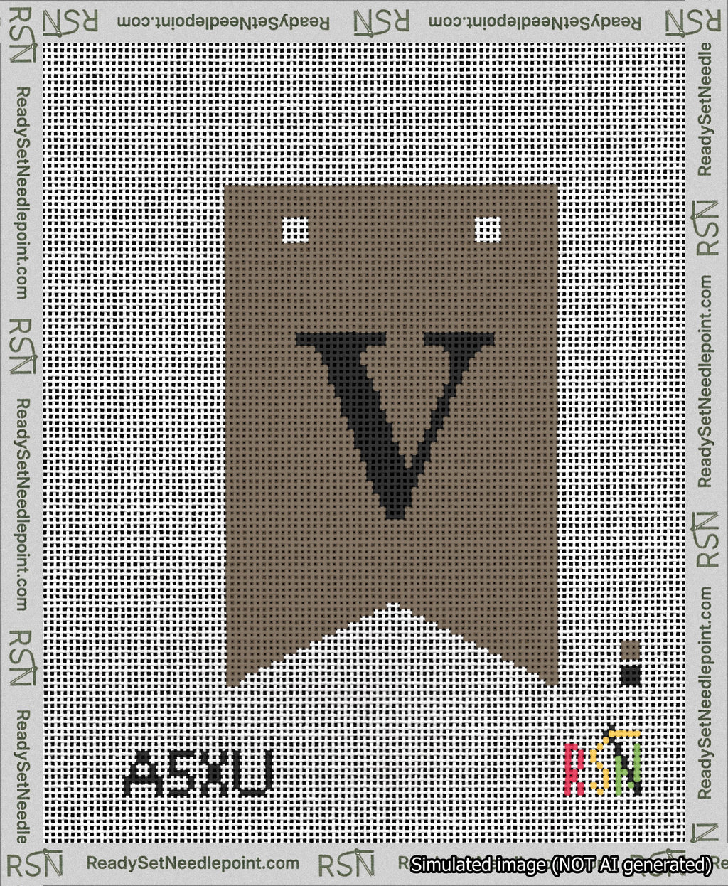 A taped needlepoint canvas with the design: Banner 13 mesh count Forked V Black on Brown.