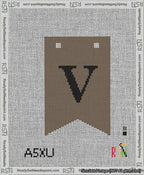 A taped needlepoint canvas with the design: Banner 13 mesh count Forked V Black on Brown.